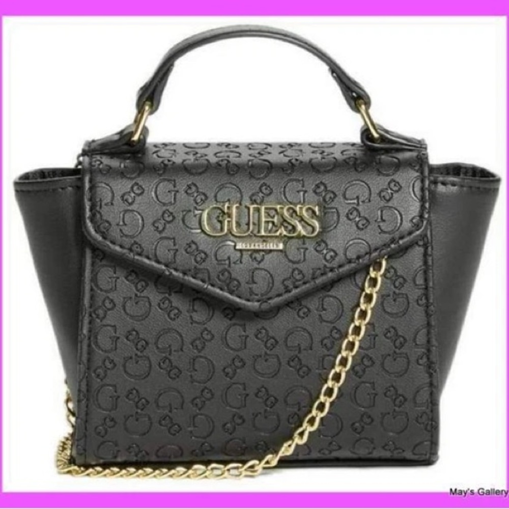 GUESS Embossed Black Mini Bag with Gold Chain